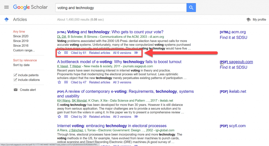 Screenshot of a Google Scholar search using the phrase 'voting and technology'. A red arrow points to a red box to demonstrate the location of the  'Cited by'  and 'Related articles' features.